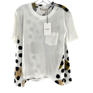 NWT MEIMEIJ Cotton Polka Dot Tee Shirt Zipper Shoulder EU 46 White